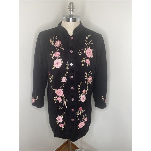 Storybook Knits Cardigan Sweater 1X HSN Flowers Embroidery Beaded Floral Maxi